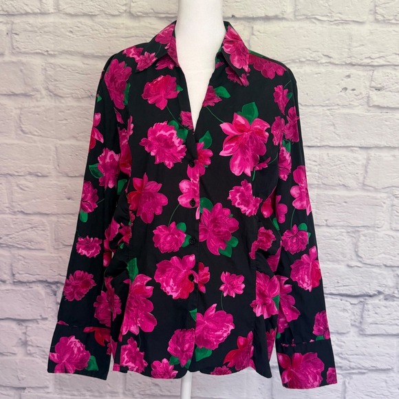 Ann Taylor Tops - Ann Taylor Floral Blouse Womens 18 Black Pink Rose Print Ruched Side Button Down